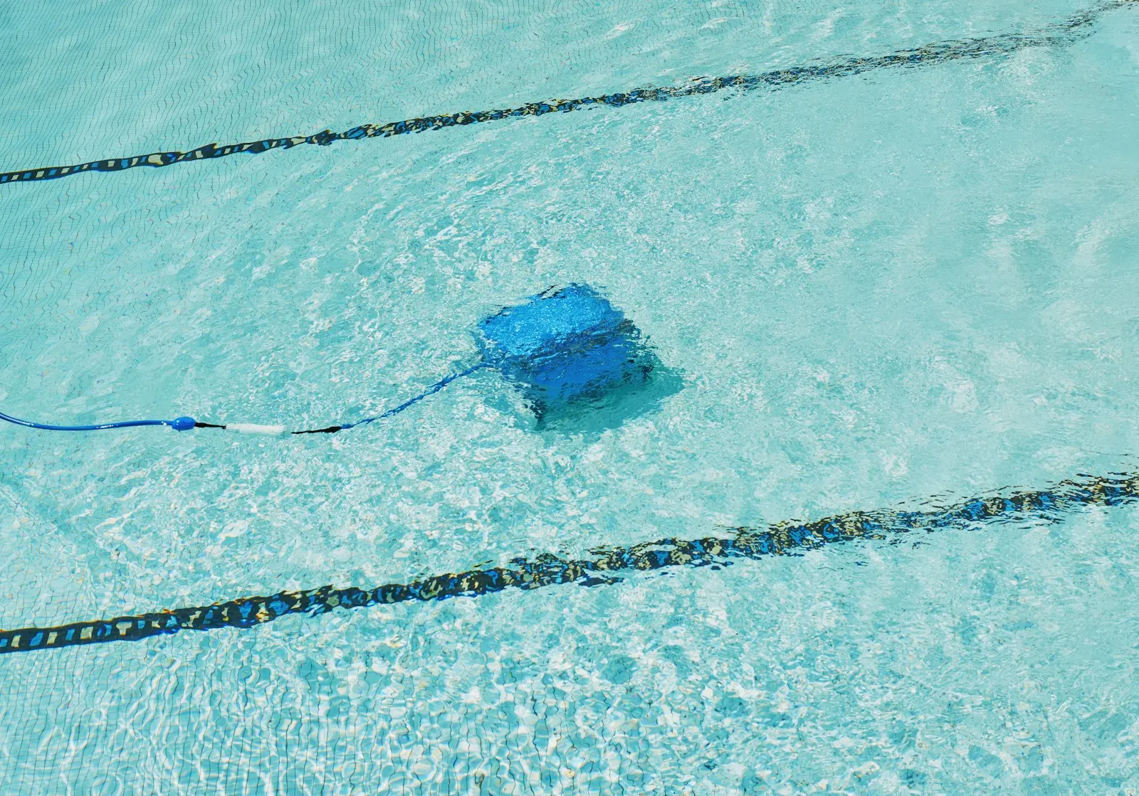 Robot nettoyeur en action au fond d'un bassin, entre deux lignes d'eau