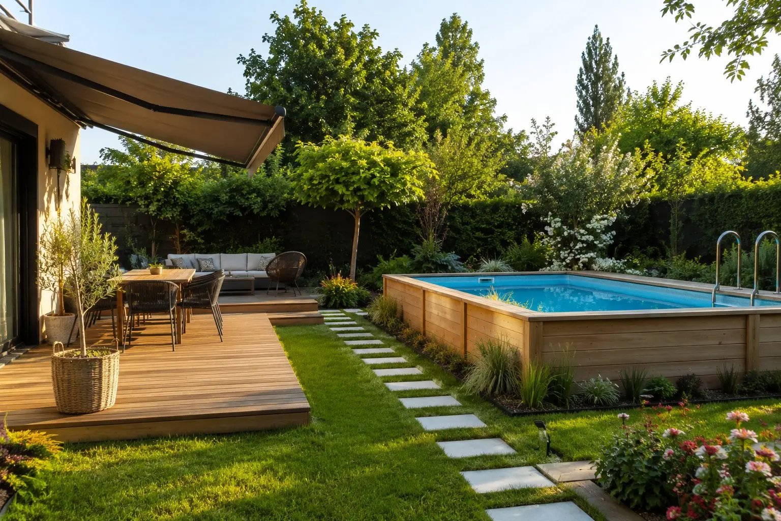 Piscine hors-sol en bois installée dans un jardin